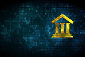 A blue background with gold letters and a building